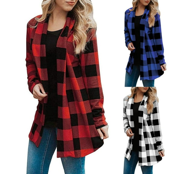 Women's Fashion Plaid Cardigans Long Sleeve Open Front Knitted Sweater Coat Loose Outwear Buffalo Plaid Lightweight Shirts