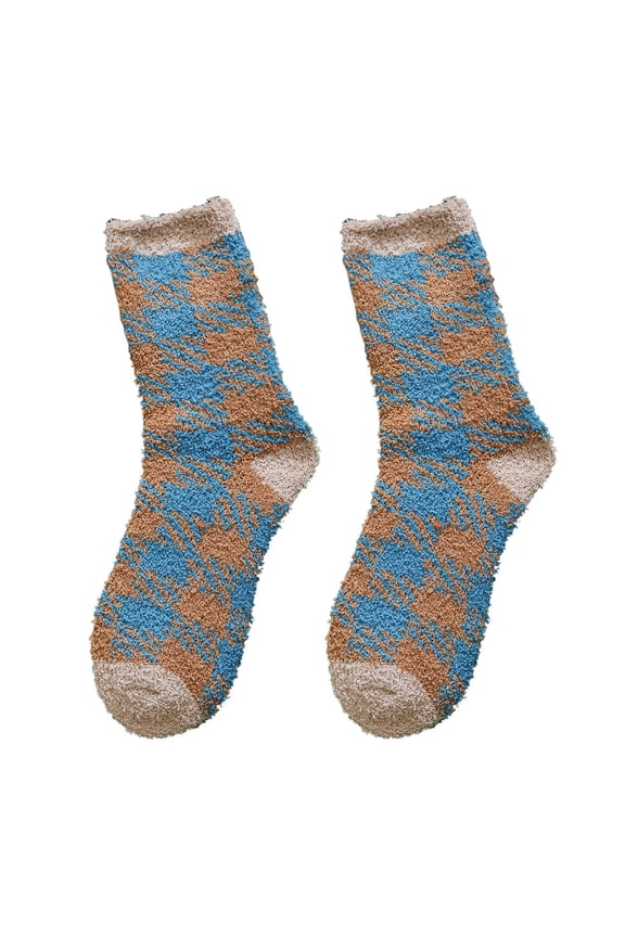 Women's Fashion Plaid Coral Fleece Socks Soft Warm Bed Floor Socks Thickened Mid-Calf Stockings For Winter Home Sleeping Lounge Wear Cozy Air Conditioned Room Footwear Gift Idea For Ladies(Blue)