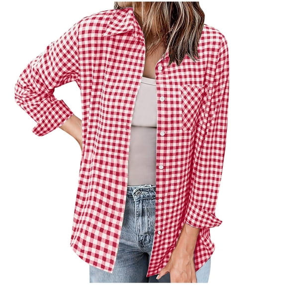 Women's Fashion Plaid Long Sleeves Blouse Pockets Buttons Casual TurdownCollar Shirt