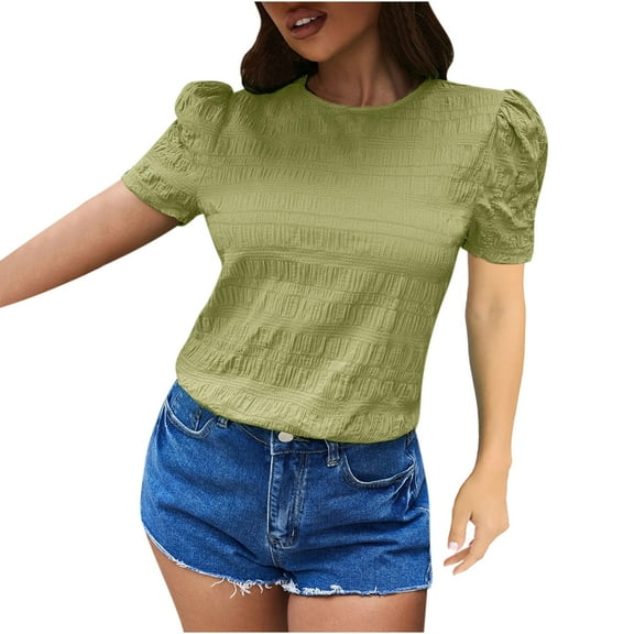 Women's Fashion Plaid Short-Sleeve Top with Round Neck, Solid Color Puff Sleeves, Casual Checkered Pattern Blouse for Summer, Daily Wear, and Stylish Office Outfits, Comfortable and Trendy