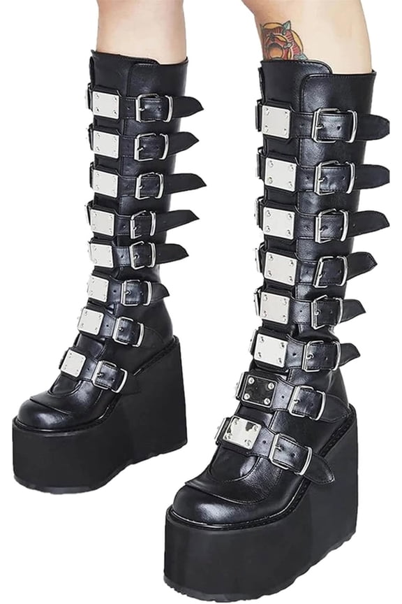 Women's Fashion Platform Punk Goth Mid Calf Boots Rivets Metal Decoration Back-Zip Knee High Motorcycle Booties Combat Boots