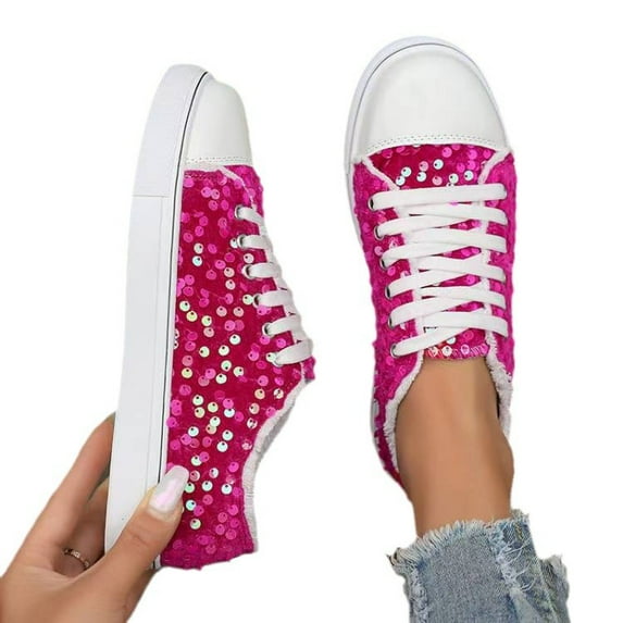 Women's Fashion Platform Sneakers - Lightweight Lace-Up Shoes with Sparkling Sequin Detail for Casual Wear