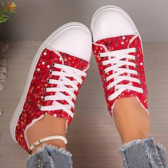Women's Fashion Sneakers - Lightweight Lace-Up Shoes with Sparkling Sequin Detail for Casual Wear