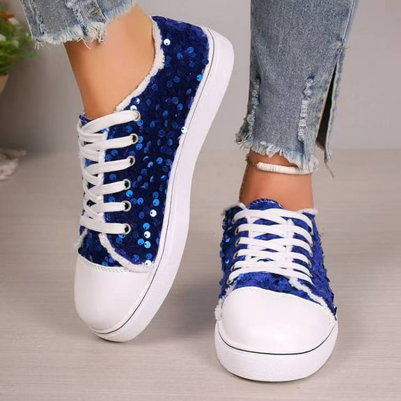 Women's Fashion Platform Sneakers - Lightweight Lace-Up Shoes with Sparkling Sequin Detail for Casual Wear