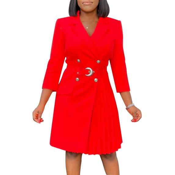 Women's Fashion Pleated Patchwork Suit Office Pleated Dress Collar Midi Dress