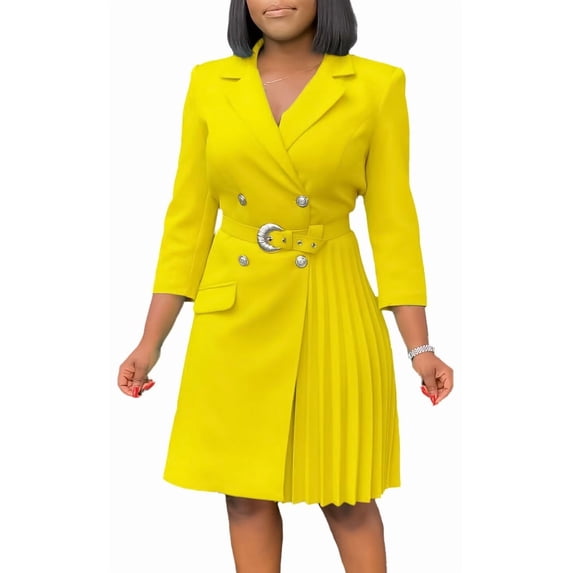 Women's Fashion Pleated Patchwork Suit Office Pleated Dress Collar Midi Dress