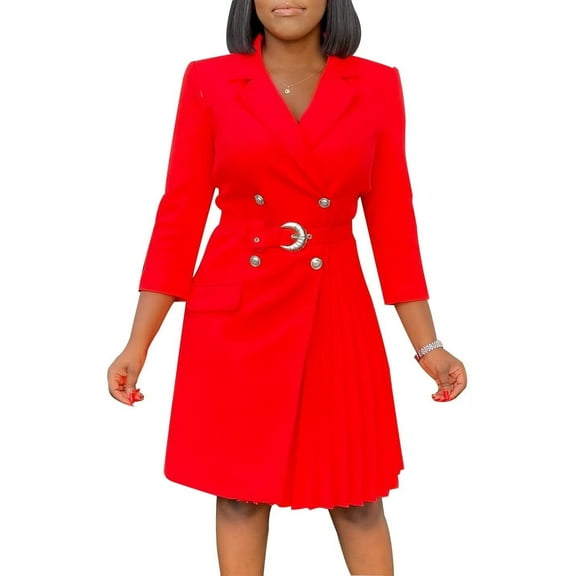 Women's Fashion Pleated Patchwork Suit Office Pleated Dress Collar Midi Dress