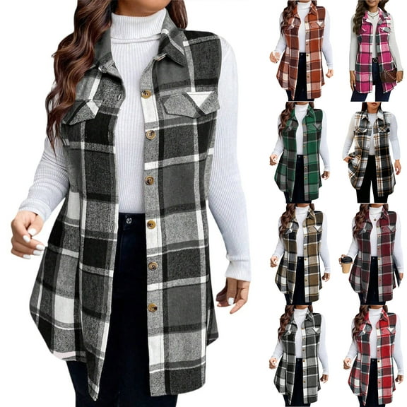 Women's Fashion Plus Size Brushed Plaid Collar Mid Length Sleeveless Vest Jacket for Layering, Winter Wear, and Holiday Outings,Black,3XL