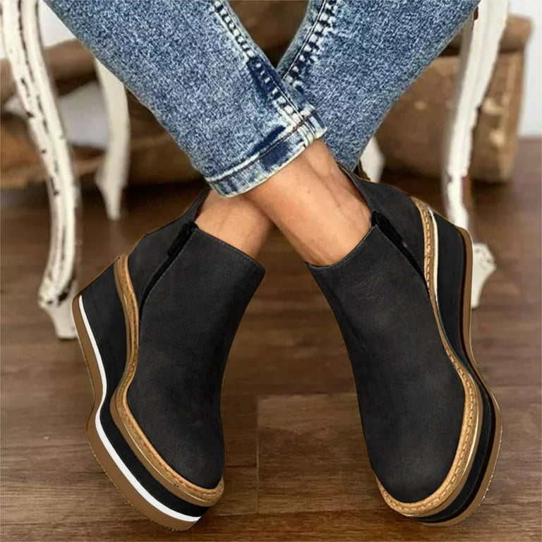 Women s Fashion Plus Size Side Zipper Solid Color Wedge Heel Platform Ankle Boots