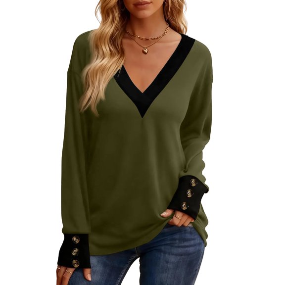 Women's Fashion Plus Size V-Neck Long-Sleeve Top - Army Green Color Block, Button Details, Classic XL Fit, Soft Knit Fabric, Size XL