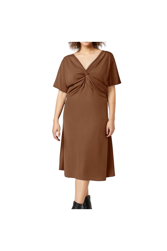 Women's Fashion Plus Size V-Neck Twist Knot Solid Color Short Sleeve Dress - Light Brown XL