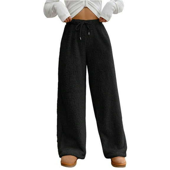 Women's Fashion Plush Casual Pants Solid Color Loose Comfortable Plush Warm Trousers for Soft and Cozy Everyday Wear,Black,2XL