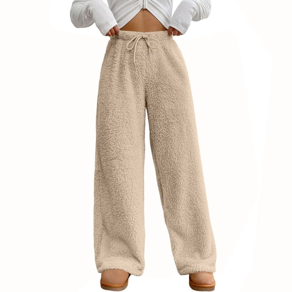 Women's Fashion Plush Casual Pants Solid Color Loose Comfortable Plush Warm Trousers for Warm and Comfortable Winter Use,Beige,M