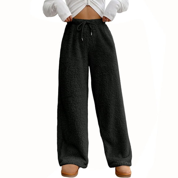 Women's Fashion Plush Casual Pants Solid Color Loose Comfortable Plush Warm Trousers for Warm and Comfortable Winter Use,Black,S