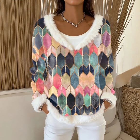 Women's Fashion Plush V Neck Pullover Top Long Sleeve Tee Geometric Printed Sweatshirt Flannel Shirt for Women Soft Comfort Casual Wear,Multicolor,S