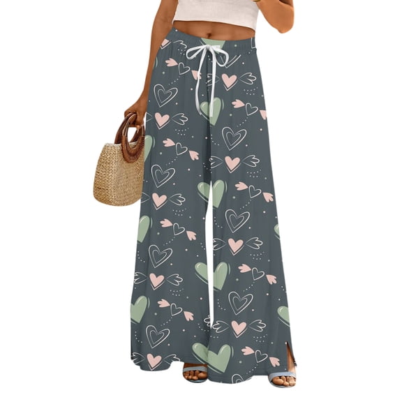 Women's Fashion Pocket Valentine's Day Print Stretch Adjustable Drawstring Wide Leg Pants, Elastic Waist Holiday Pants, Casual Lounge Wear for Women,Green,M