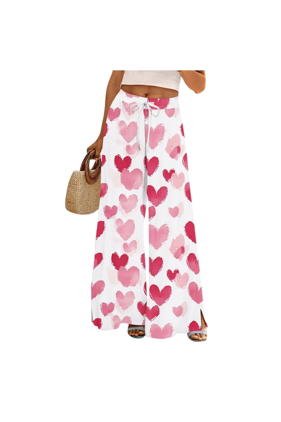 Women's Fashion Pocket Valentine's Day Print Stretch Adjustable Drawstring Wide Leg Pants, Elastic Waist Holiday Pants, Casual Lounge Wear for Women,Light pink,S