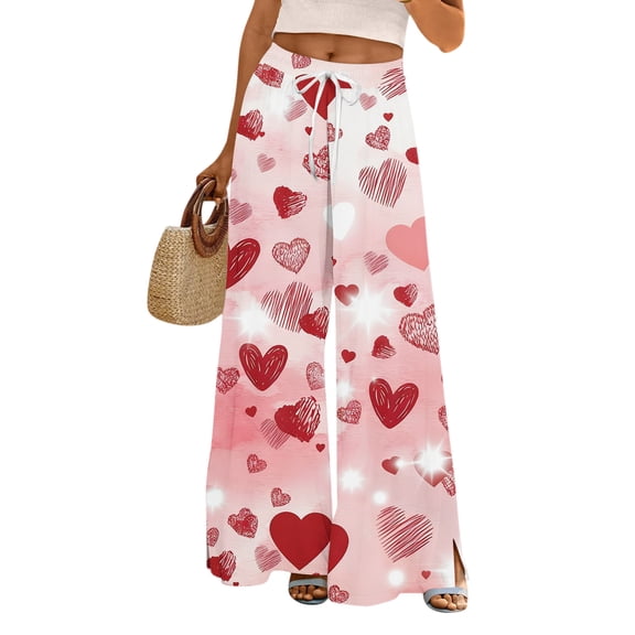 Women's Fashion Pocket Valentine's Day Print Stretch Adjustable Drawstring Wide Leg Pants, Elastic Waist Holiday Pants, Casual Lounge Wear for Women,Pink,L