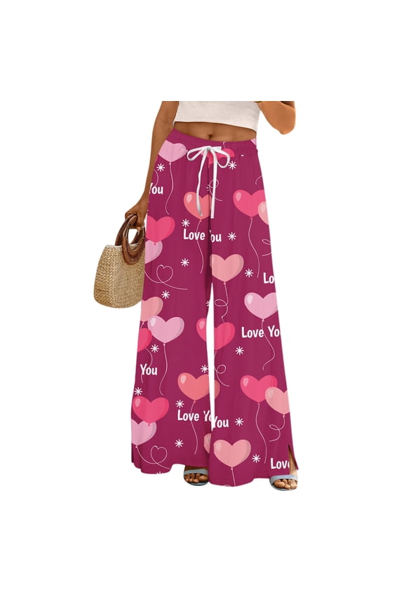 Women's Fashion Pocket Valentine's Day Print Stretch Adjustable Drawstring Wide Leg Pants, Elastic Waist Holiday Pants, Casual Lounge Wear for Women,Purple Pink,S