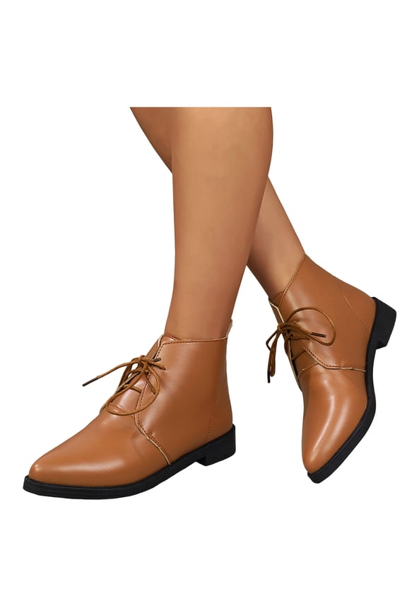 Women's Fashion Pointed Toe Lace Up Flat Ankle Boots Lightweight Casual Leather Short Dress Booties