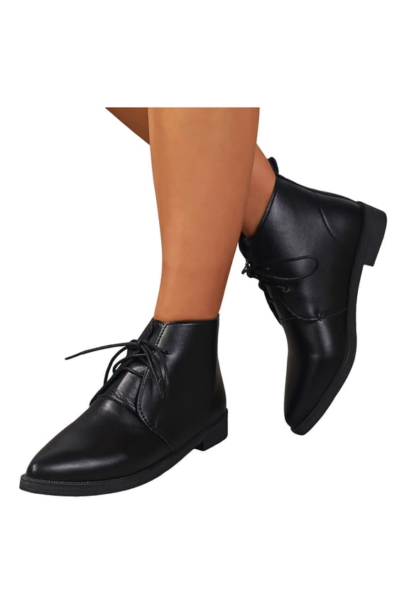 Women's Fashion Pointed Toe Lace Up Flat Ankle Boots Lightweight Casual Leather Short Dress Booties