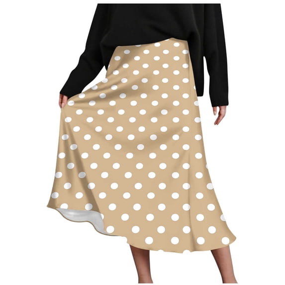 Women's Fashion Polka Dots Midi Skirt Summer Flowy Long Skirts with Side Zipped for Spring Summer Khaki
