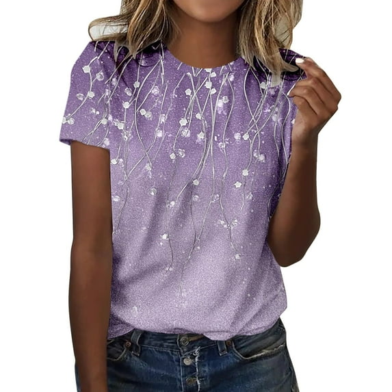 Women's Fashion Print Casual Point Sleeve Crew Neck T Shirt Top Womens Athletic Tee Athletic Shirts Pack Women Stripped Short Sleeve Shirt Women Women's Loose Fit Tees Womens Short Sleeve T Shirt Long