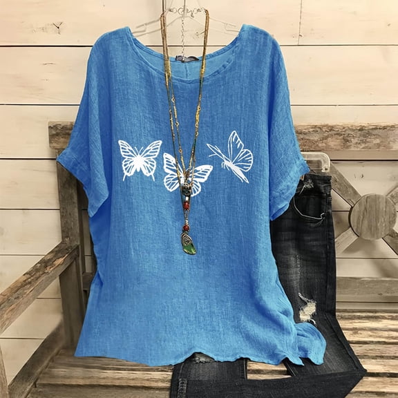 Women's Fashion Print Tees Casual Crew Neck Raglan Short Sleeve Loose T Shirt Linen Blouses