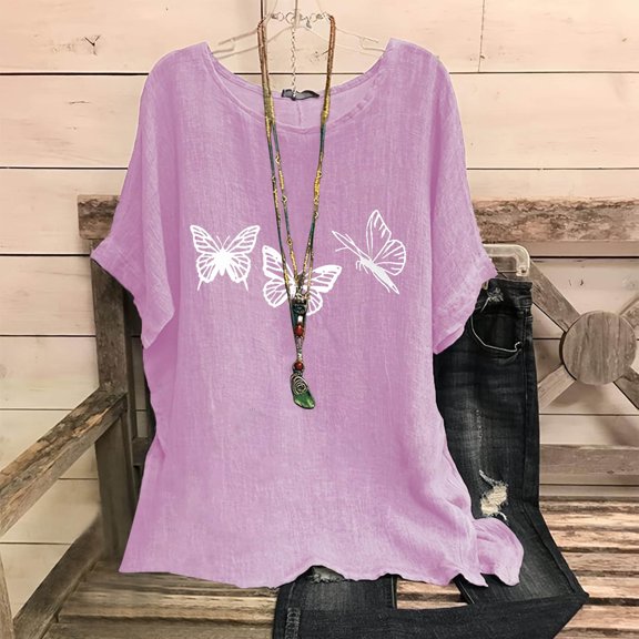 Women's Fashion Print Tees Casual Crew Neck Raglan Short Sleeve Loose T Shirt Linen Blouses