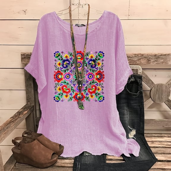 Women's Fashion Print Tees Casual Crew Neck Raglan Short Sleeve Loose T Shirt Linen Blouses