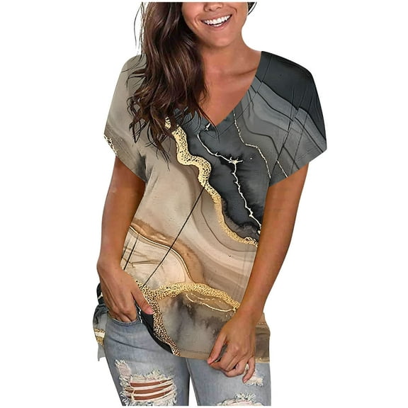 Women's Fashion Printed Camisole Short Sleeve T-shirt Loose Tank V-Neck Tops