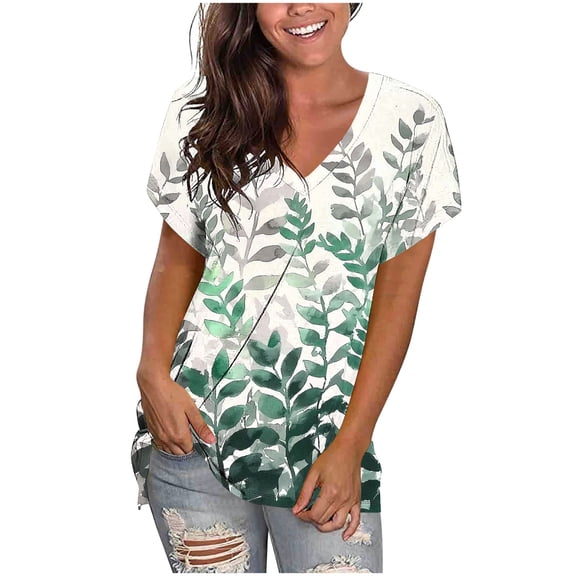 Women's Fashion Printed Camisole Short Sleeve T-shirt Loose Tank V-Neck Tops