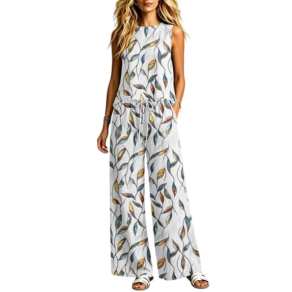 Idoravan sets for women clothing two piece casual Women’s Fashion Floral Printed Fabric Short-Sleeved Sporty Casual Crew-Neck Wide-Leg Pants With Pockets Two-Piece Set