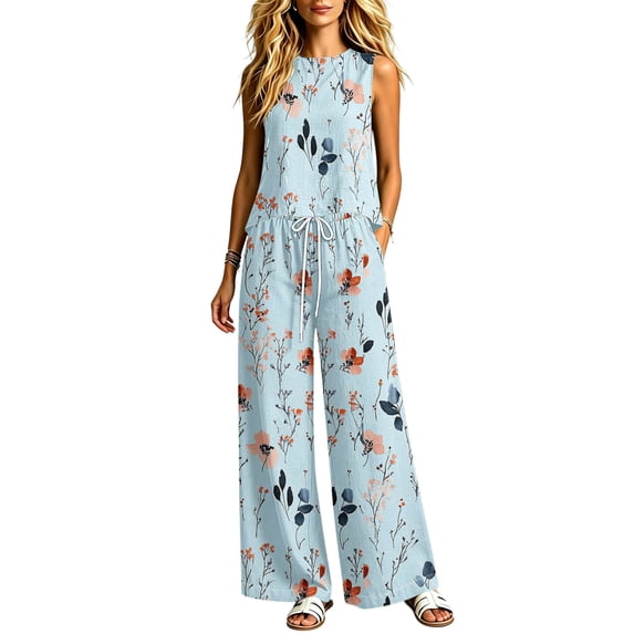 Idoravan sets for women clothing two piece elegant Women’s Fashion Floral Printed Fabric Short-Sleeved Sporty Casual Crew-Neck Wide-Leg Pants With Pockets Two-Piece Set