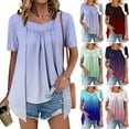 thumbnail image 1 of Women's Fashion Printed Fake Two Piece Short Sleeve Round Neck Blouse Top Shirt Casual Loose Fit Summer Vacation Beach Holiday | CSEONE,Blue L, 1 of 8