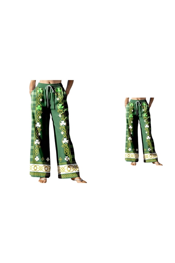 Women's Fashion Printed High Waist Drawstring Long Pants, Green Irish Celtic Shamrock Wide Leg Casual Lounge Pants with Pockets, St Patricks Day Trendy Style