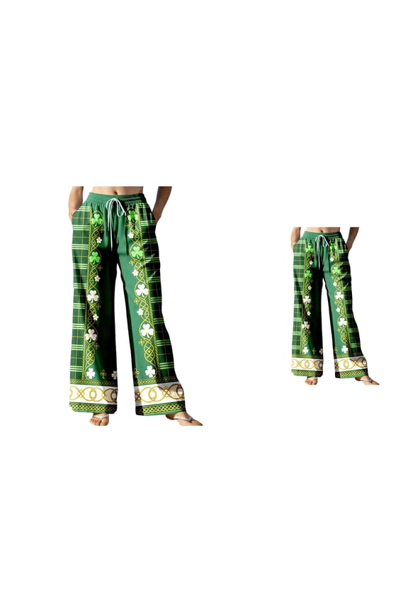 Women's Fashion Printed High Waist Drawstring Wide Leg Long Pants, Green Irish Celtic Shamrock Pattern, Trendy Casual Lounge Pants with Pockets for St. Patrick's Day