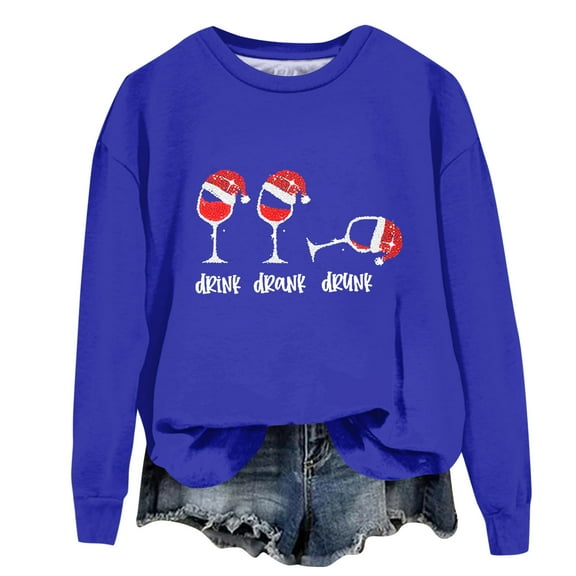 Women's Fashion Printed Long Sleeve Loose Round Neck Sweatshirt Top Fall, Christmas Design, Comfortable and Stylish Pullover for Women, Streetwear,Blue,S