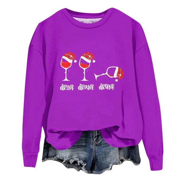 Women's Fashion Printed Long Sleeve Loose Round Neck Sweatshirt Top Fall, Christmas Design, Comfortable and Stylish Pullover for Women, Streetwear,Purple,S