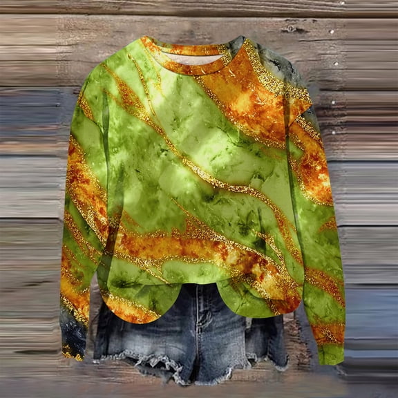 Women's Fashion Printed Long Sleeve Loose Round Neck Sweatshirt Top Fall Retro Print Pullover for Women Comfortable Casual Streetwear Fashion,Green,XL