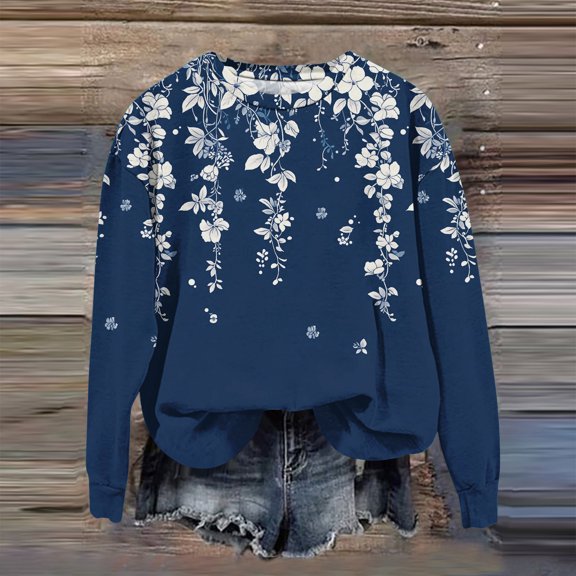 Women's Fashion Printed Long Sleeve Loose Round Neck Sweatshirt Top Fall Retro Print Pullover for Women Comfortable Casual Streetwear Fashion,Sky Blue,XL