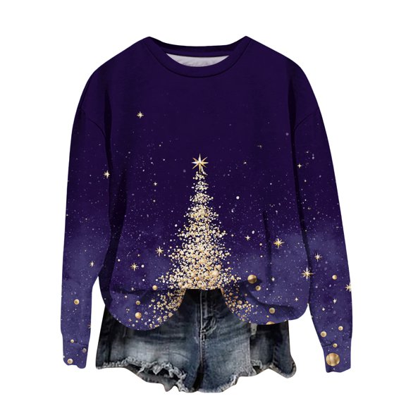 Women's Fashion Printed Long Sleeve Loose Round Neck Sweatshirt Top Fall with Christmas Design for Casual Comfort Wear