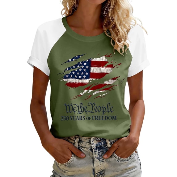 Women’s Fashion Printed Short Sleeve Top American Flag Graphic Casual Crew Neck Loose Fit T-Shirt for Daily Wear