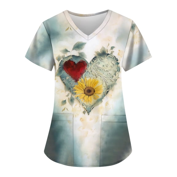 Women's Fashion Printed Short Sleeve V Neck Pattern Top with Pockets, Valentine's Day Workwear T-Shirt for Nursing and Casual Wear,Khaki,L