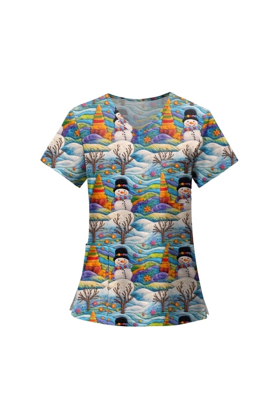 Women's Fashion Printed Short Sleeve V Neck Pattern Tops Pocket Working T-shirts with Christmas Print, Nurse Uniform with Chest Pocket Functional Design,Blue,XL