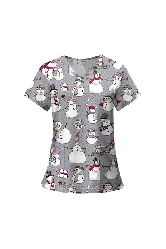 Women's Fashion Printed Short Sleeve V Neck Pattern Tops Pocket Working T-shirts with Christmas Print, Nurse Uniform with Chest Pocket Functional Design,Gray,S