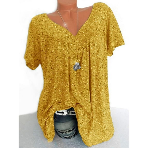 Women's Fashion Printed T-Shirt V-Neck Tunic Tops Plus Size Short Sleeve Shirt