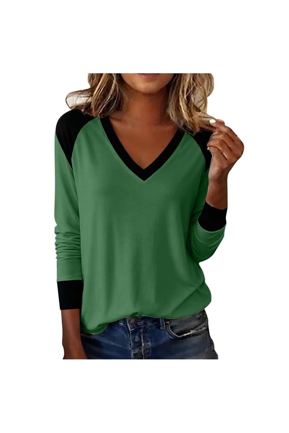 Women's Fashion Printing Casual V-neck Long Sleeve Loose T-shirt Top Outfits Winter Clothing Basic Fall Clothes