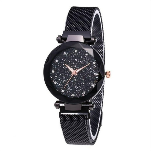 Women's Fashion Prismatic Glass Scale Starry Sky Stainless Steel Bracelet Mesh Band Quartz Wrist Watch Black