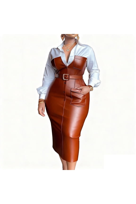 Women's Fashion Pu Leather Midi Dress Lapel V Neck Belted Long Sleeve Button Pocket Patchwork Casual Outfits